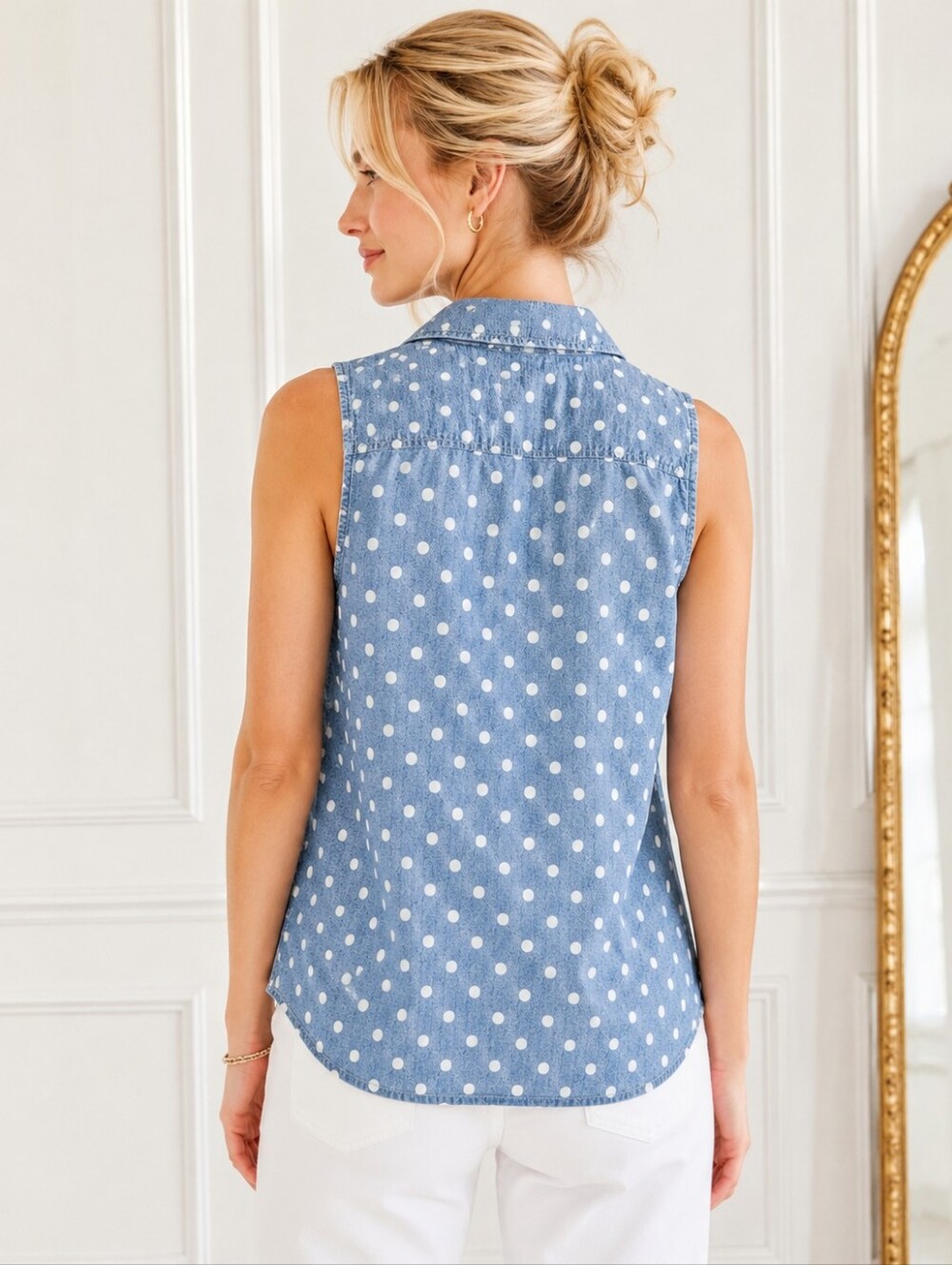 Tommy Hilfiger Blue White Polka Dot Sleeveless Button-Up Blouse XL Preppy Cotton - Picture 2 of 8